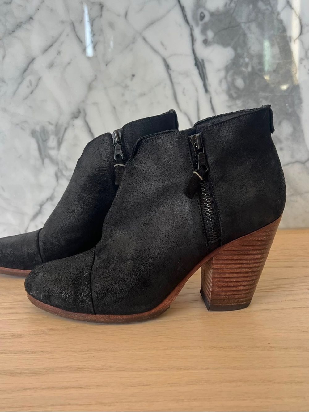 rag & bone Black Suede Ankle Booties with Stacked Wood Heel